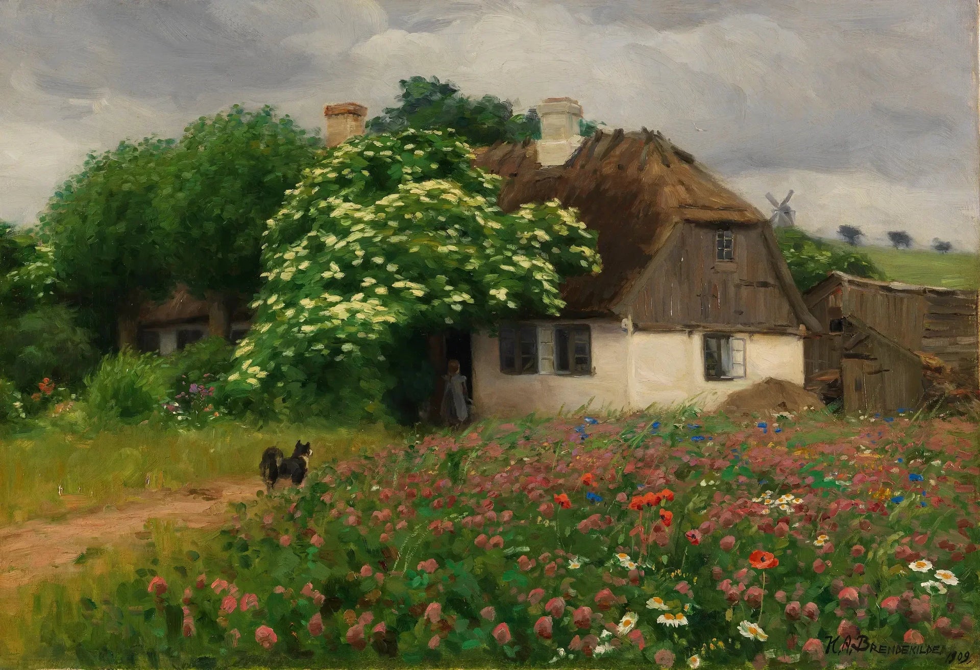 Ferme avec des fleurs des prés - H. A. Brendekilde image 1 reproduction de peinture à l’huile