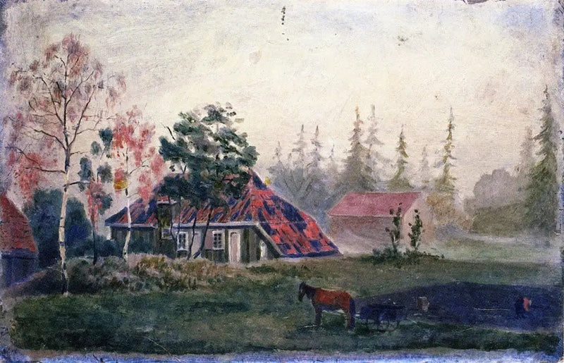 Ferme Cheval et Wagon devant les bâtiments - Edvard Munch
