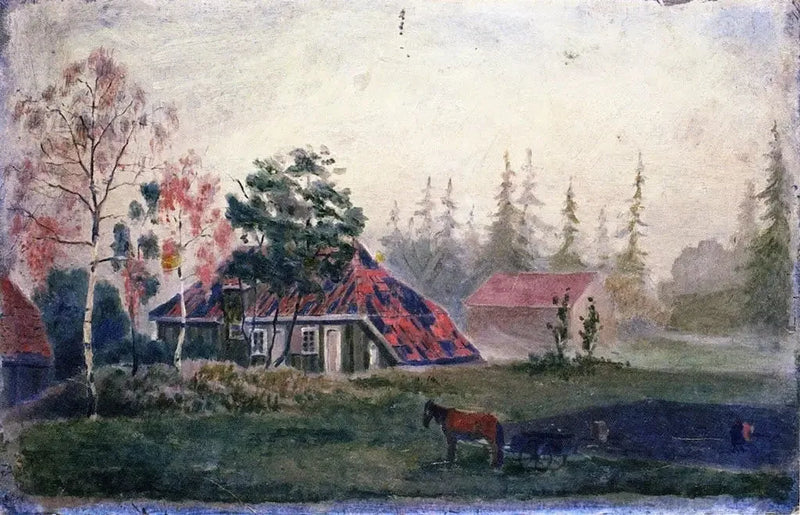 Ferme Cheval et Wagon devant les bâtiments - Edvard Munch