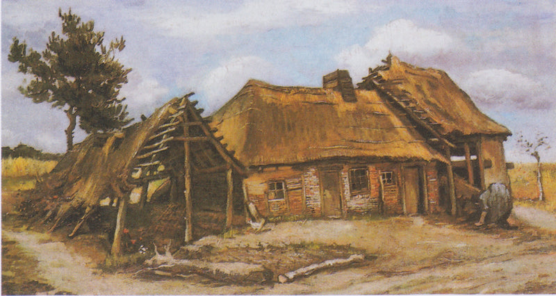 Ferme avec grange délabrée et femme penchée, F1669 – Van Gogh