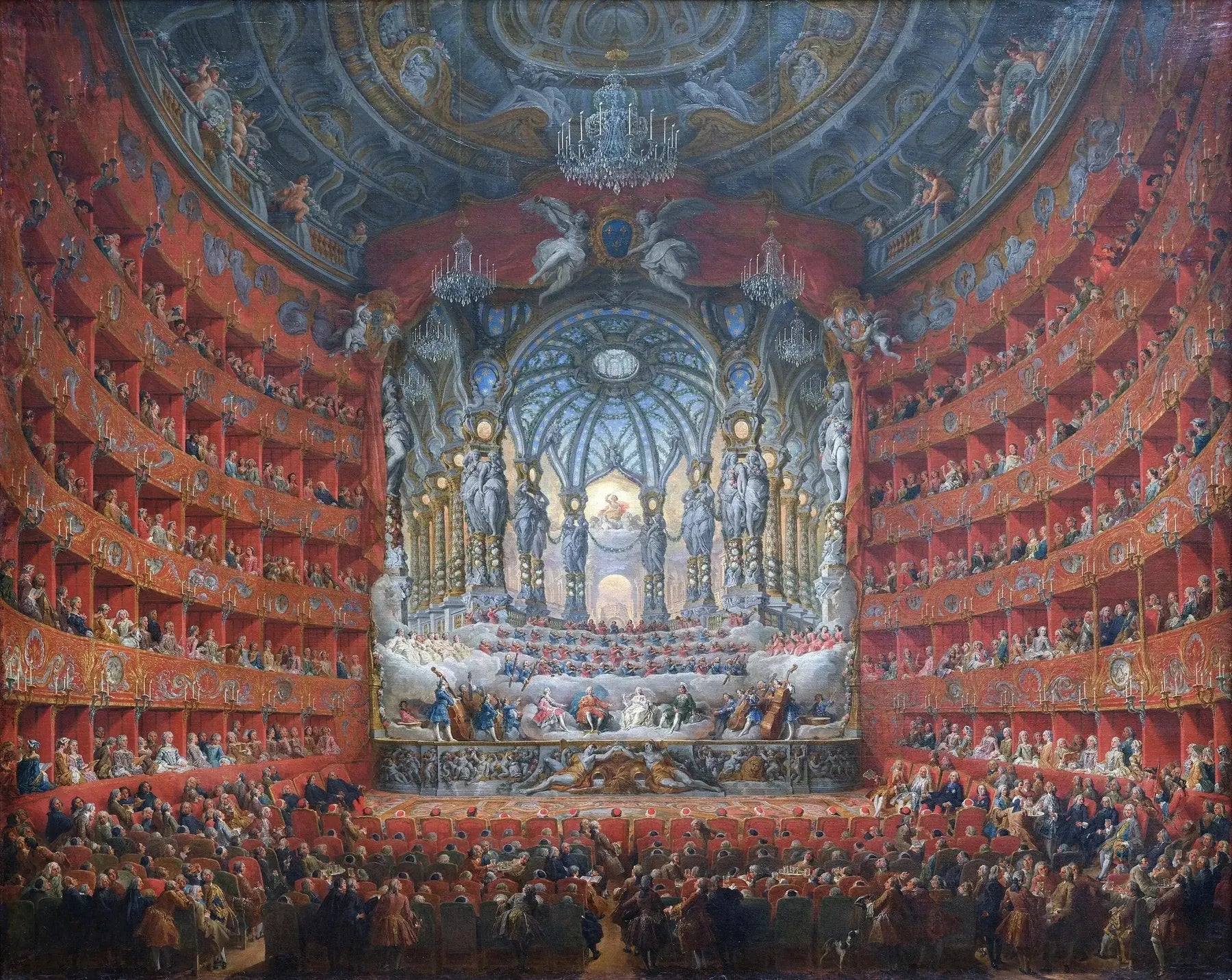 Fête musicale donnée par le cardinal de La Rochefoucauld au théâtre Argentine de Rome en 1747 à l'occasion du mariage du Dauphin, fils de Louis XV - Giovanni Paolo Panini image 1 copie de tableau peinte à la main