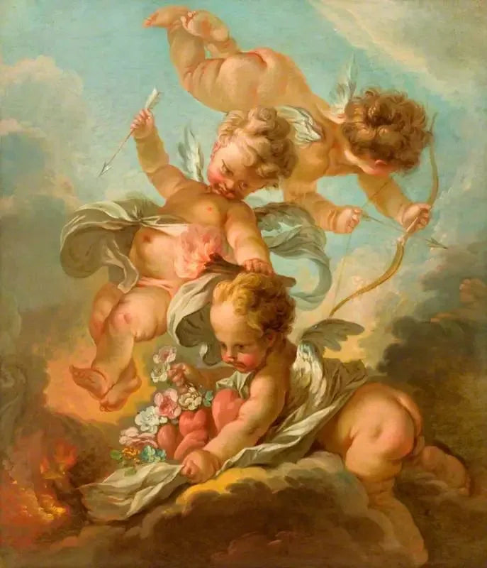 Feu : Trois putti tenant un arc et une flèche, une torche allumée et un manteau contenant des cœurs et des fleurs - François Boucher image 1 tableau peint à l’huile sur toile