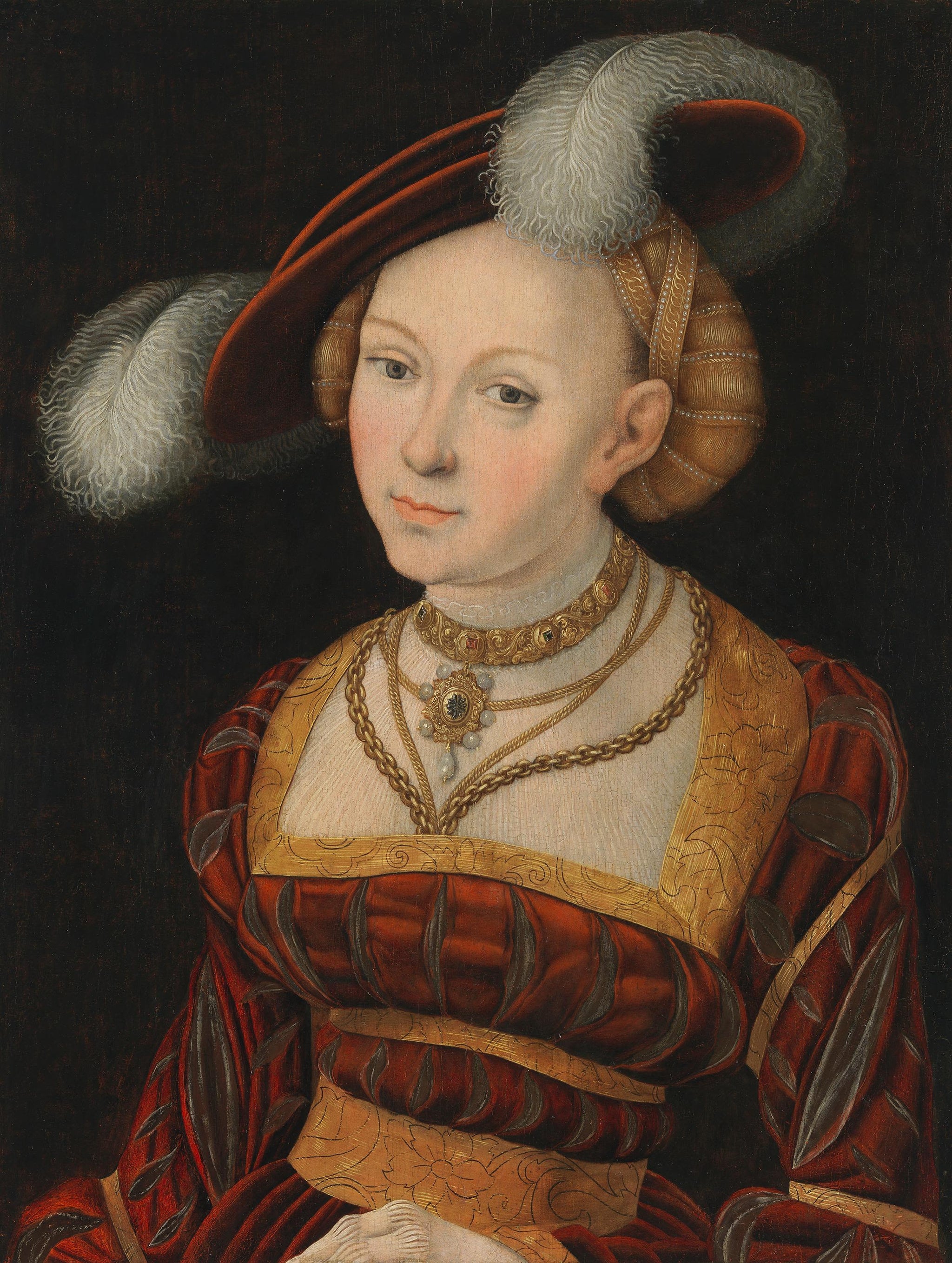 Figure féminine à mi-corps avec un chapeau à plumes - Lucas Cranach the Elder image 1 tableau peint à l’huile sur toile