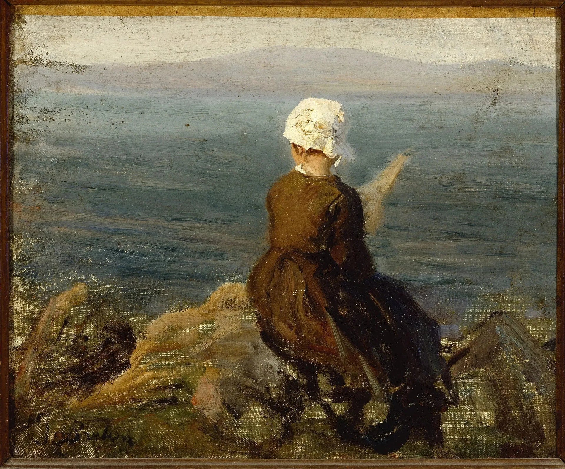 Fileuse sur les rochers à Douarnenez - Jules Breton image 1 copie de tableau peinte à la main