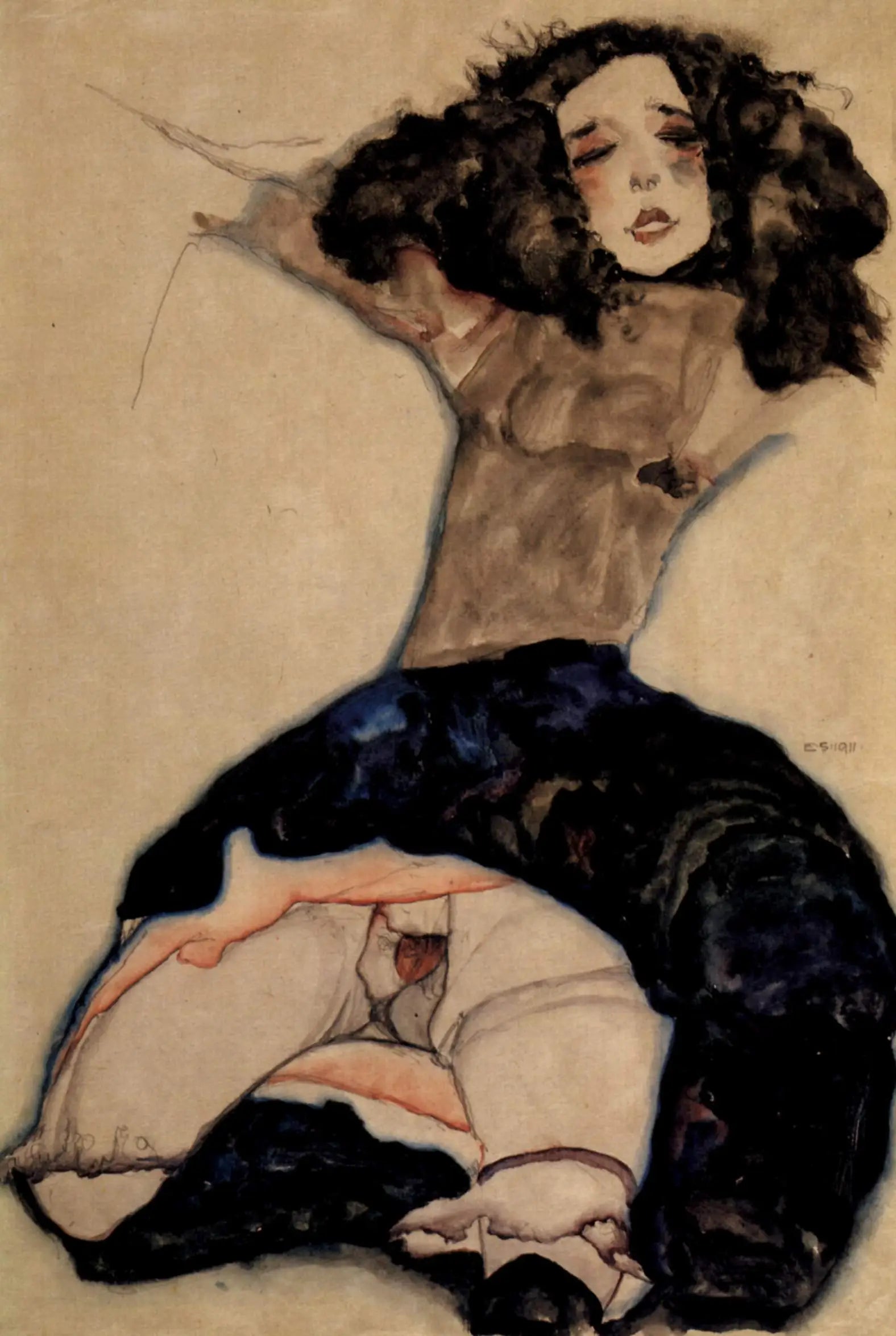 Fille aux cheveux noirs avec jupe relevée - Egon Schiele image 1 copie de tableau peinte à la main