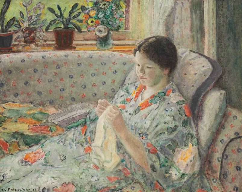 Fille cousant (la robe chinoise) - Frederick Carl Frieseke image 1 copie de tableau peinte à la main