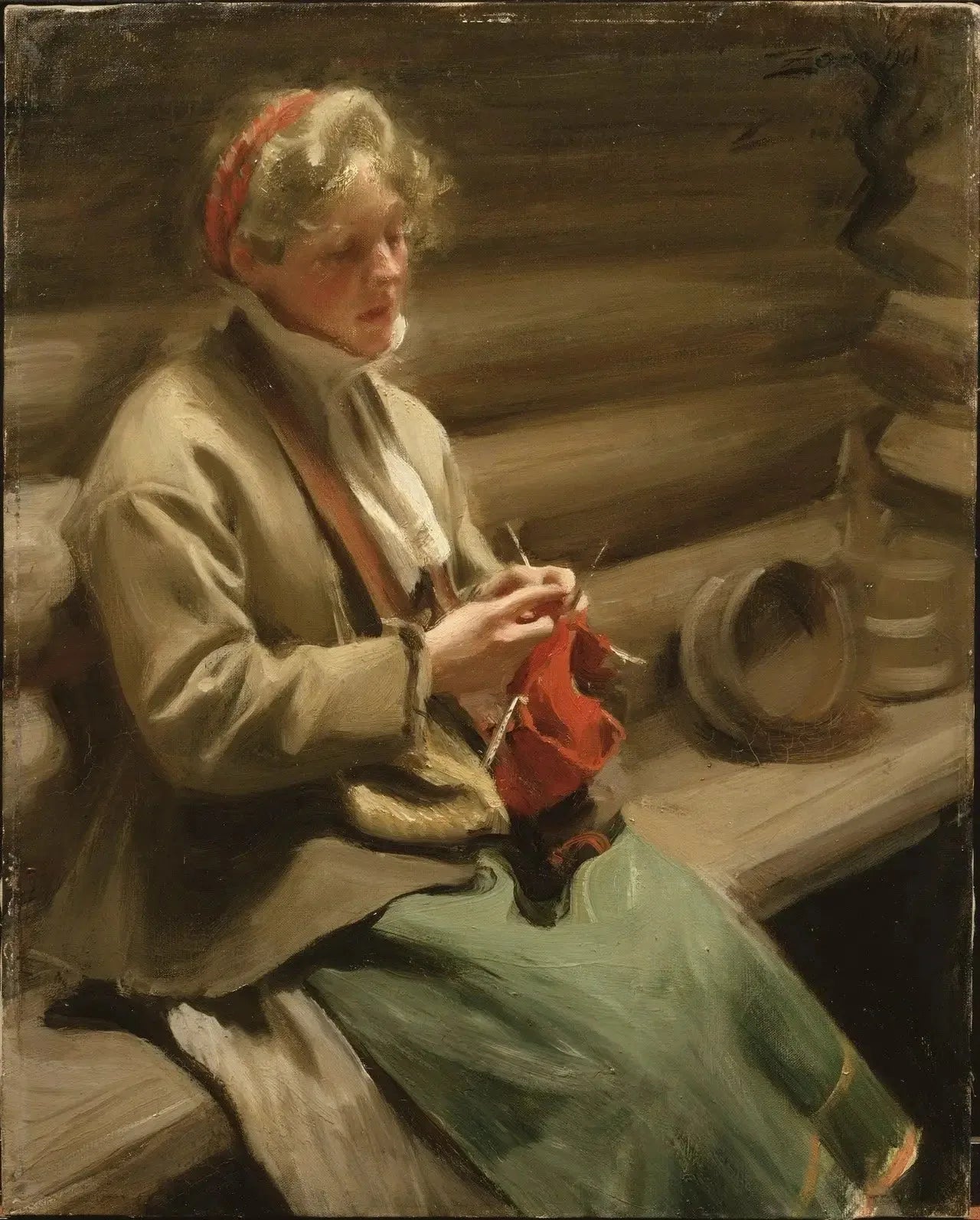 Fille dalécarlienne tricotant. Margit au chou - Anders Zorn image 1 reproduction de peinture à l’huile