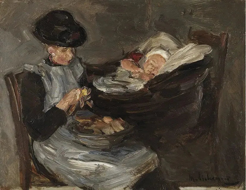 Fille de Laren épluchant des pommes de terre avec un enfant endormi dans un panier - Max Liebermann image 1 reproduction artisanale de tableau