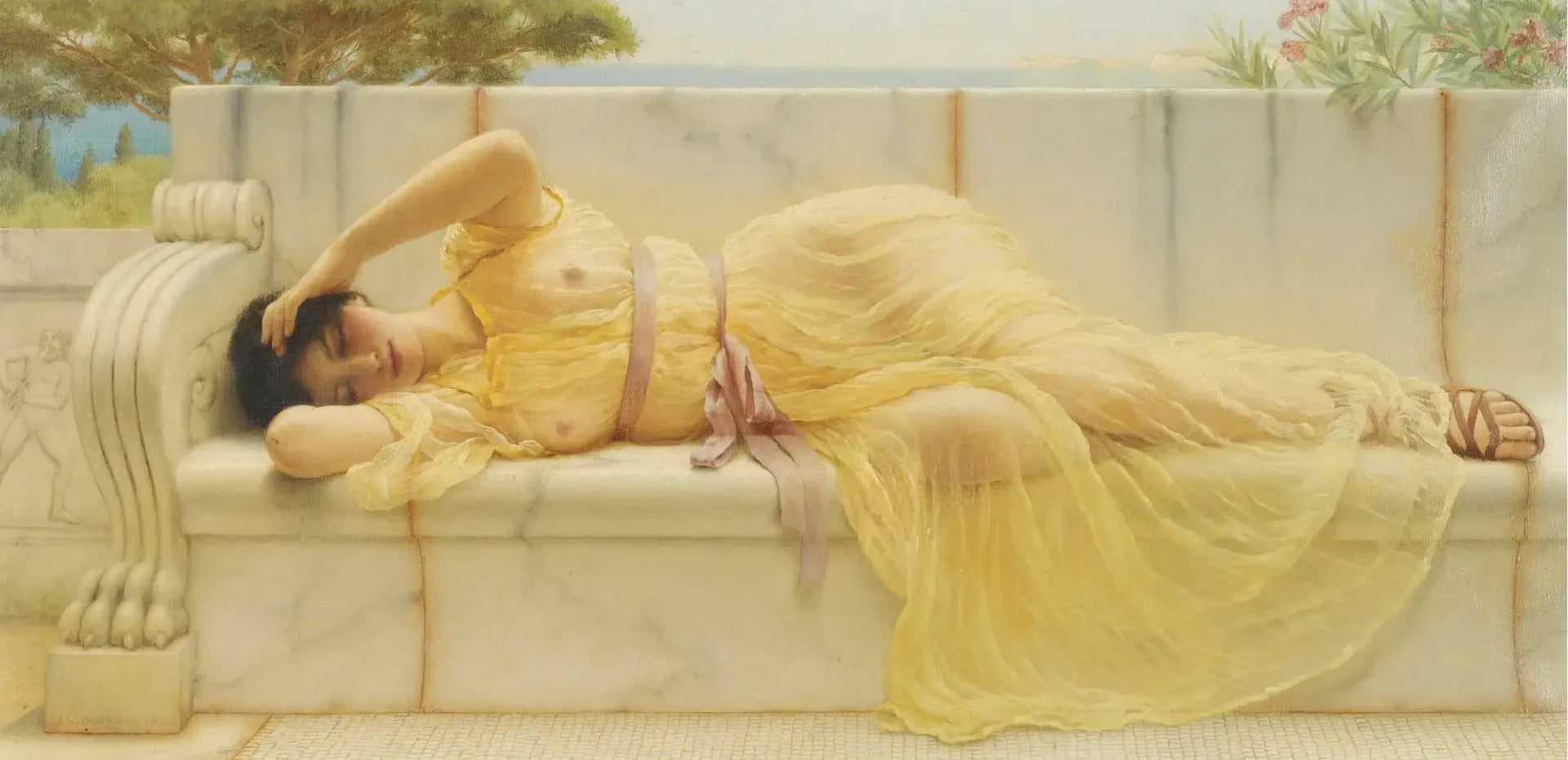 Fille en draperie jaune - John William Godward image 1 reproduction de peinture à l’huile