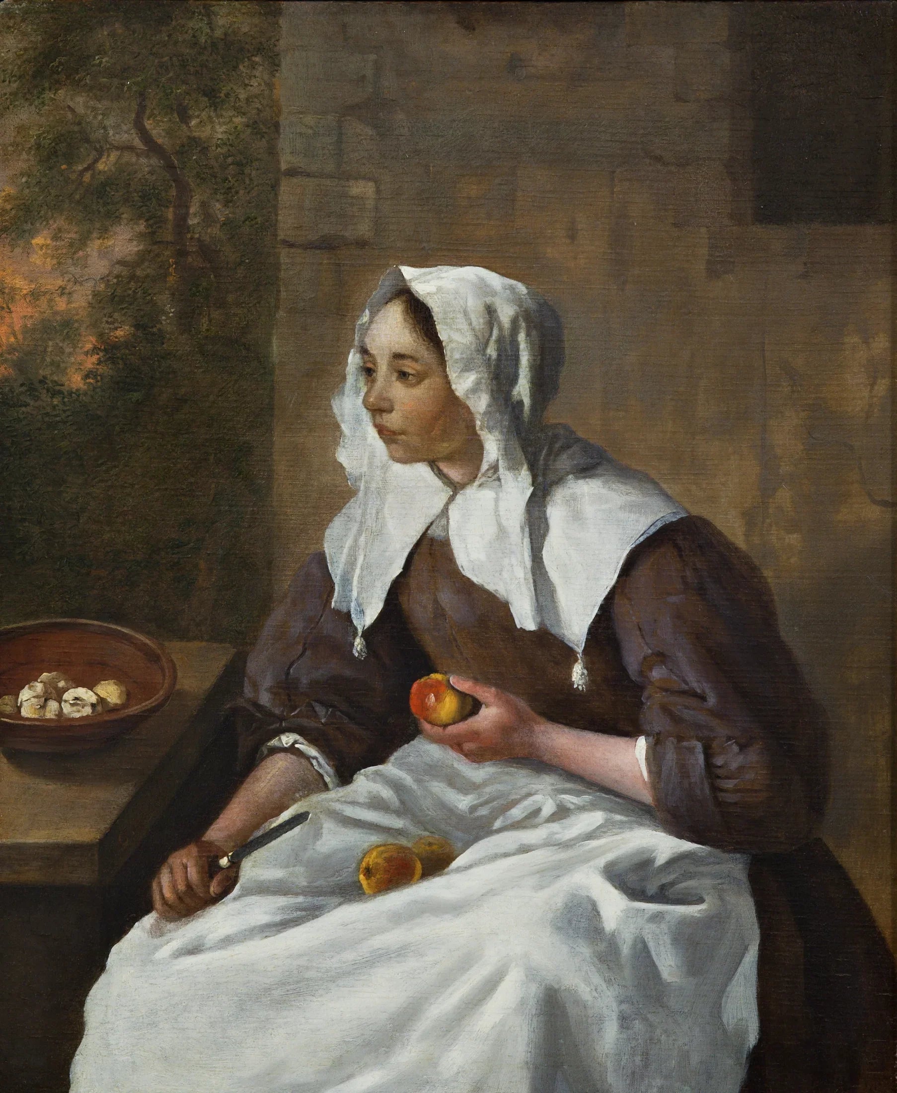 Fille épluchant des pommes - Gabriel Metsu image 1 reproduction artisanale de tableau