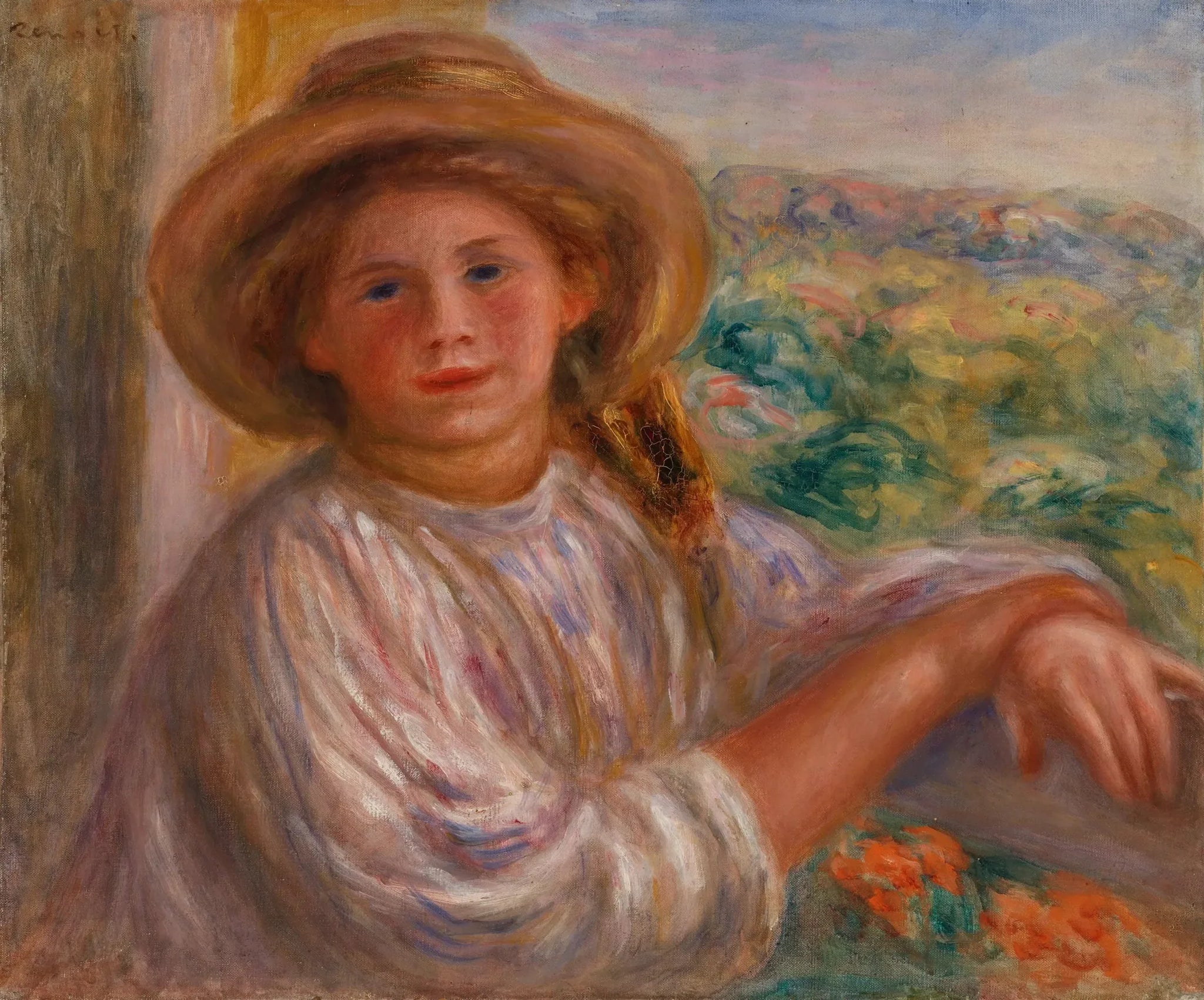 Fille sur un balcon, Cagnes (Jeune femme au balcon, Cagnes) - Pierre-Auguste Renoir image 1 tableau peint à l’huile sur toile