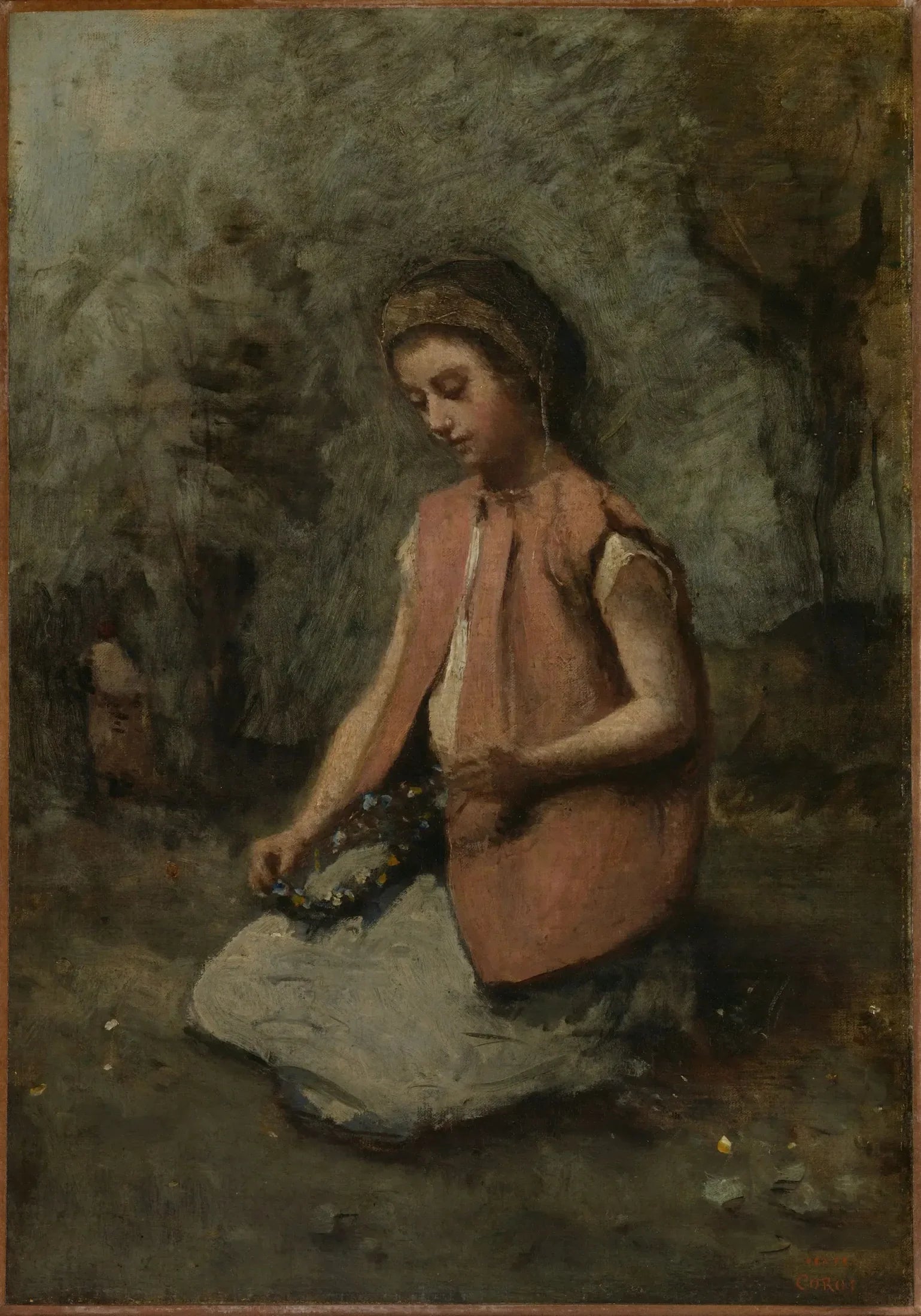 Fille tissant une guirlande - Jean-Baptiste Camille Corot image 1 reproduction artisanale de tableau