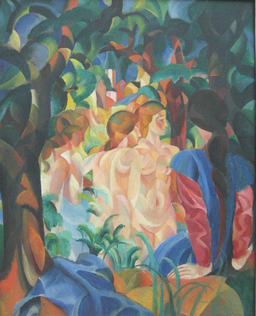 Filles se baignant avec la ville en arrière-plan - August Macke