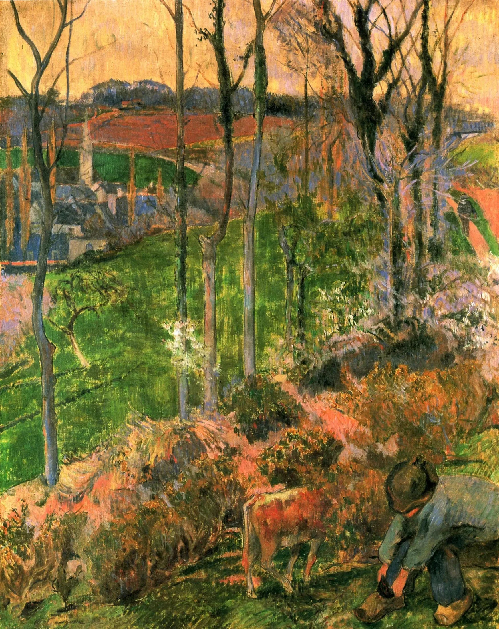 Fin d'hiver à Pont-Aven, breton et veau; ou Petit Breton arrangeur son sabot - Paul Gauguin image 1 copie peinte à la main à l’huile