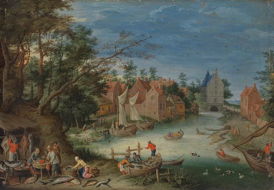 Fischverkauf am Ufer eines Kanals - Jan Brueghel l’Ancien image 1 copie peinte à la main à l’huile