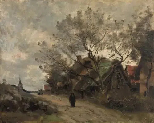 Flesselles. Chaumières vues à travers les arbres au bord d'une route - Jean-Baptiste Camille Corot image 1 reproduction d’œuvre d’art à l’huile