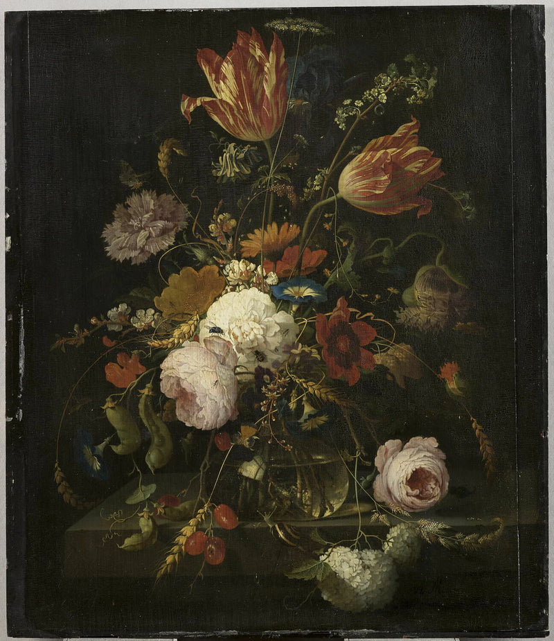 Fleurs dans une carafe de cristal, avec une branche de pois et un escargot - Abraham Mignon