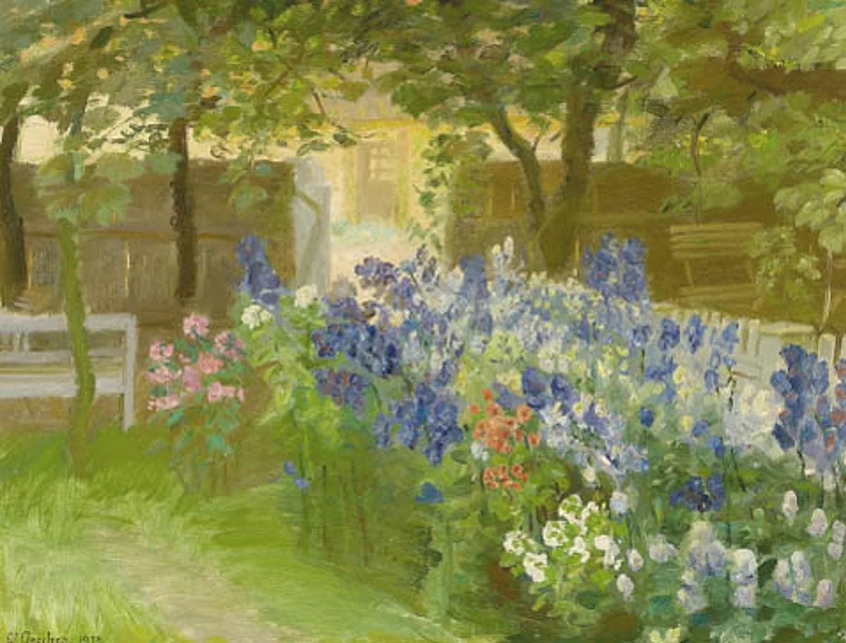 Fleurs dans le jardin de Brøndum, vue vers "Rullestuen". - Anna Ancher image 1 copie de tableau peinte à la main