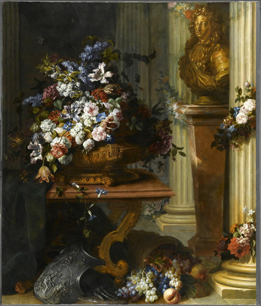 Fleurs dans un vase d'or, buste de Louis XIV, corne d'abondance et armure (plastron de l'armure de Henri II, Louvre) - Jean-Baptiste Blin de Fontenay