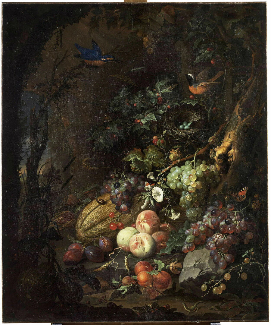 Fleurs, fruits, oiseaux et insectes dans un paysage avec ruines, avec une souris pénétrant dans un nid - Abraham Mignon