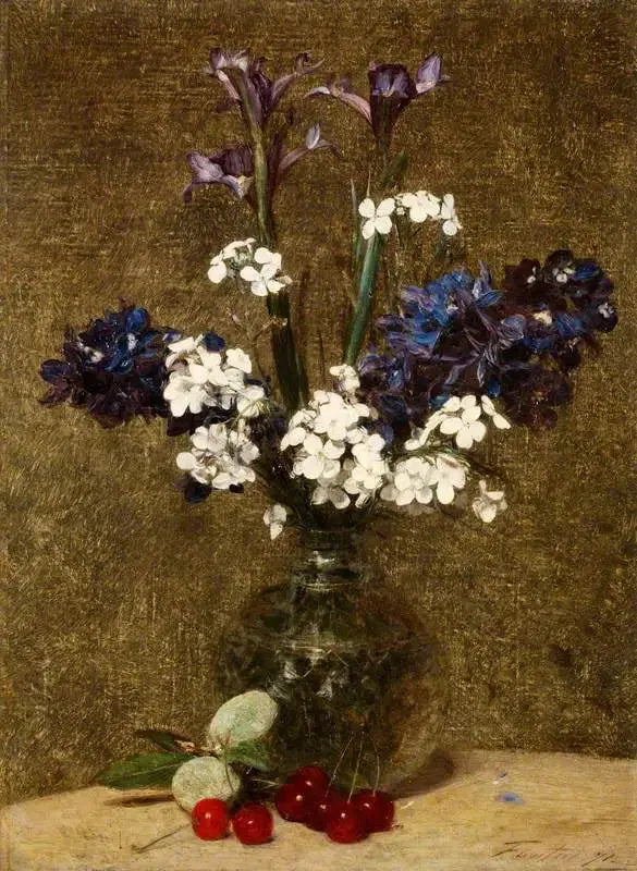 Fleurs : Iris et Jacinthes, avec des cerises et des amandes sur la table - Henri Fantin-Latour image 1 reproduction de peinture à l’huile