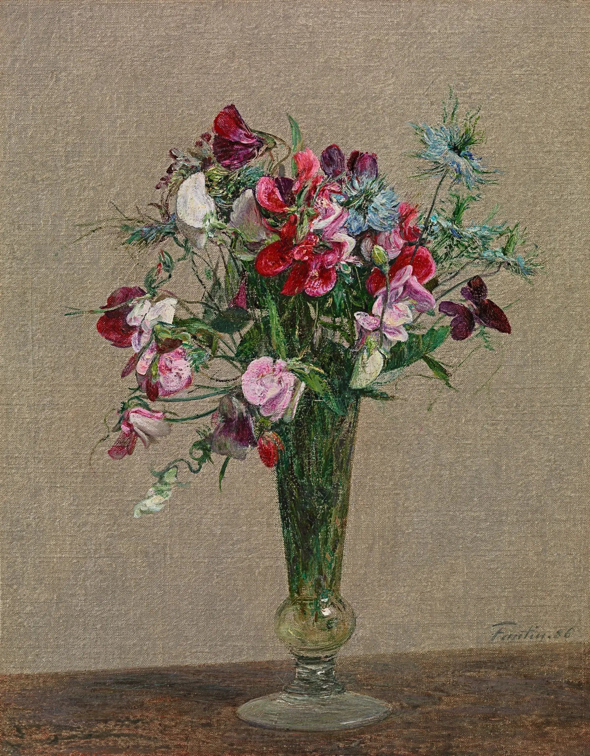 Fleurs, pois de senteurs et nigelles dans un petit vase - Henri Fantin-Latour image 1 reproduction artisanale de tableau