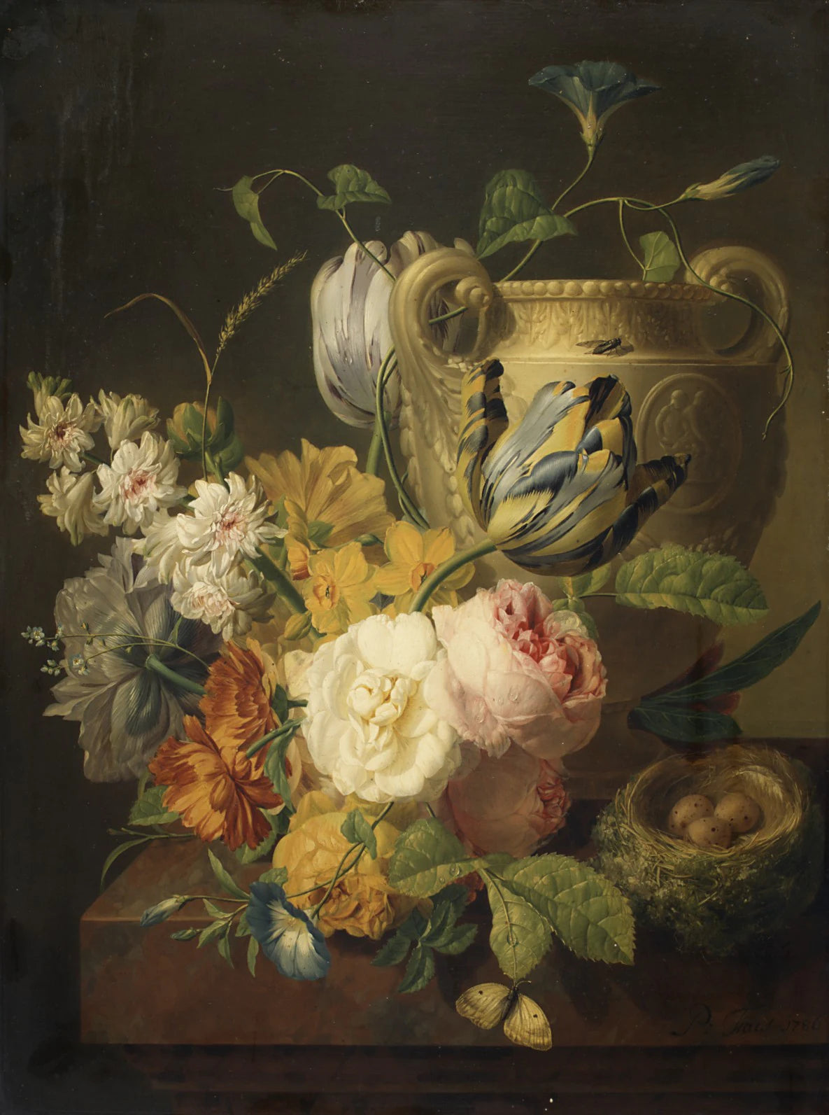 Fleurs près d'un vase en pierre - Peter Faes