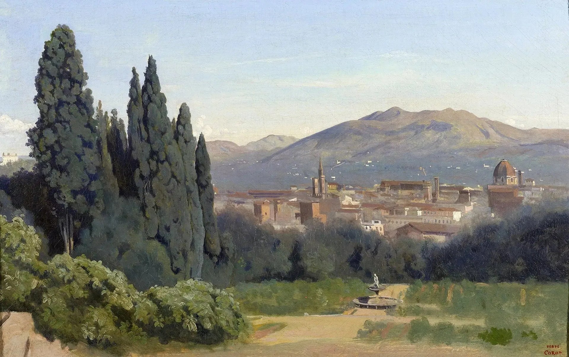 Florence, Vue prise des Jardins Boboli - Jean-Baptiste Camille Corot image 1 tableau peint à l’huile sur toile