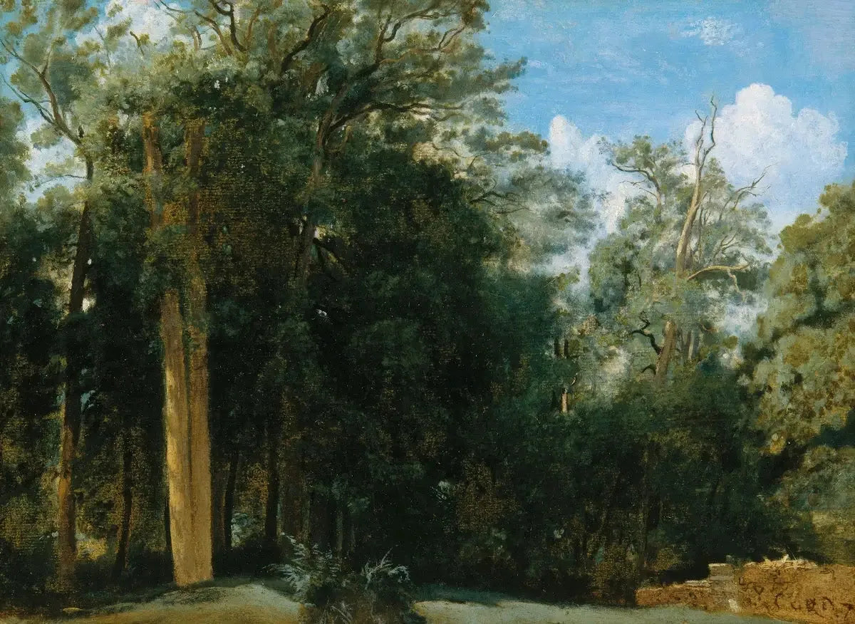 Fontainebleau. Lisière de forêt avec un petit mur - Jean-Baptiste Camille Corot image 1 tableau peint à l’huile sur toile