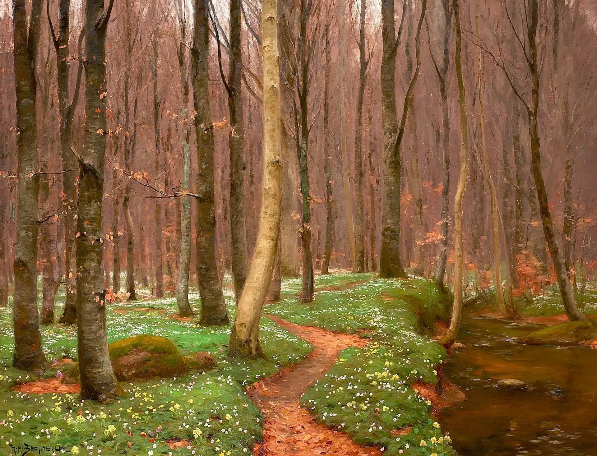 Forêt de hêtres avec des anémones en fleurs et un petit ruisseau. - H. A. Brendekilde image 1 copie de tableau peinte à la main