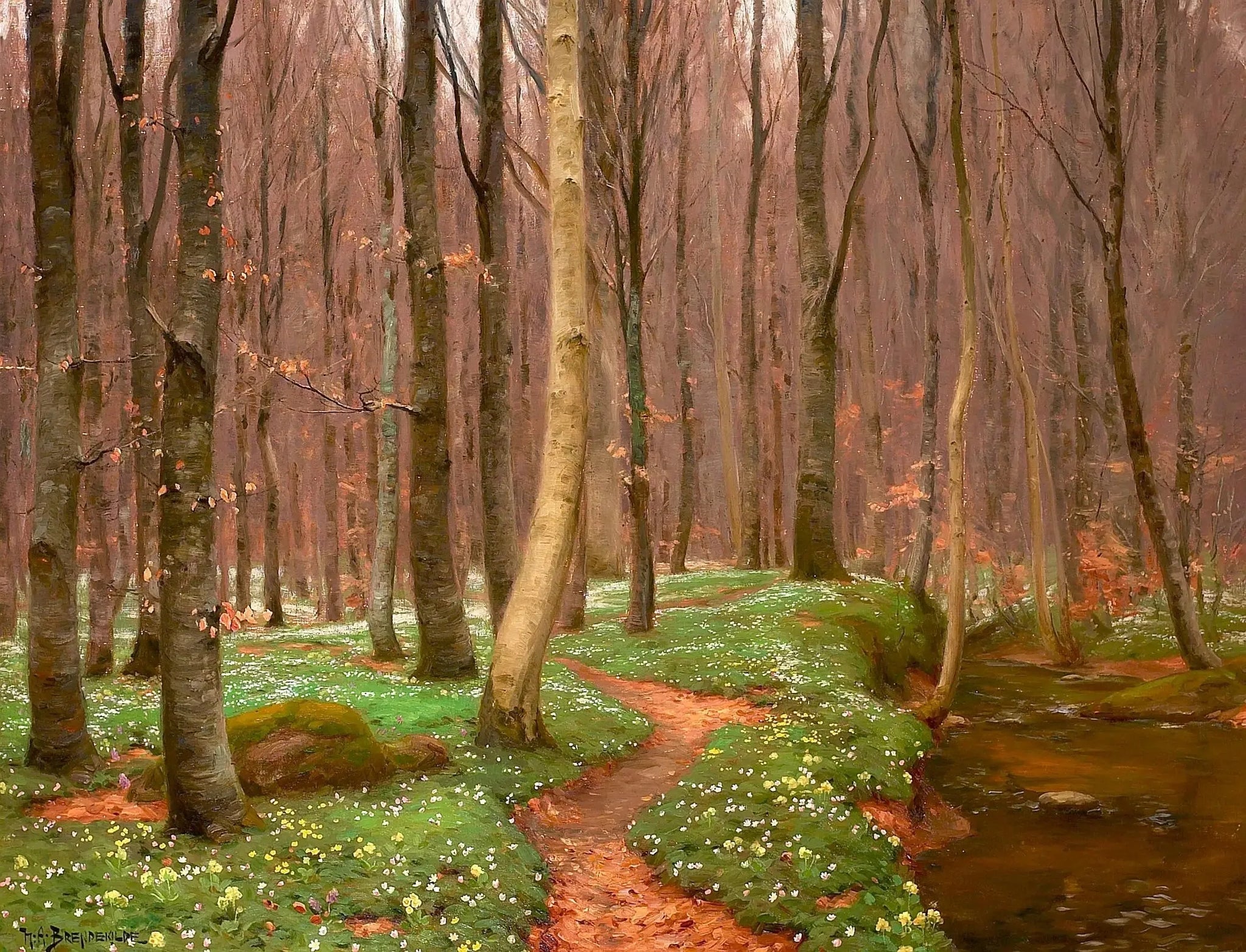 Forêt de hêtres avec des anémones en fleurs et un petit ruisseau. - H. A. Brendekilde image 1 copie de tableau peinte à la main