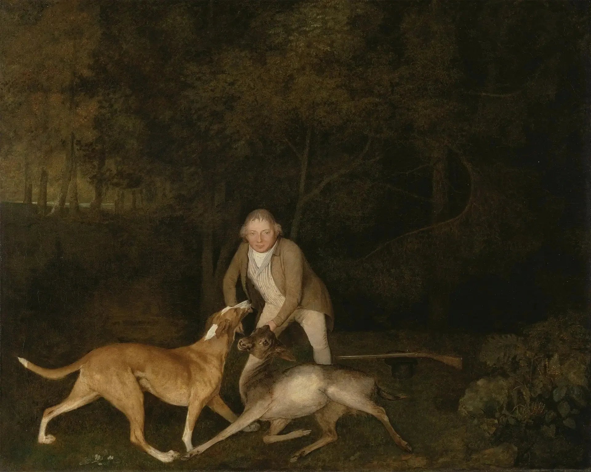 Freeman, le garde-chasse du comte de Clarendon, avec une biche mourante et un chien - George Stubbs image 1 reproduction d’œuvre d’art à l’huile