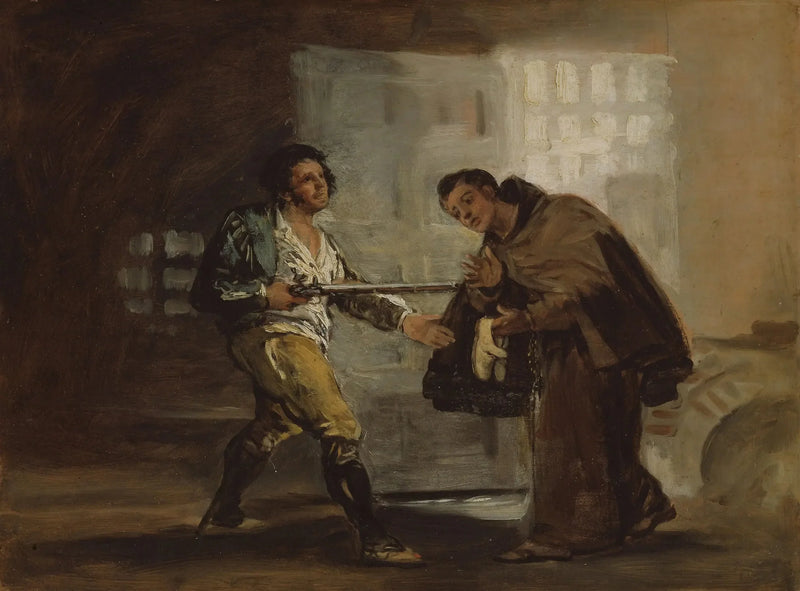 Frère Pedro offre des chaussures à El Maragato et se prépare à mettre de côté son arme - Francisco de Goya