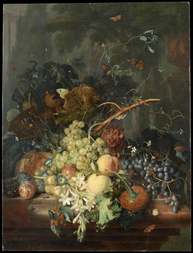 Fruits et fleurs avec corbeille renversée sur fond de parc - Jan van Huysum