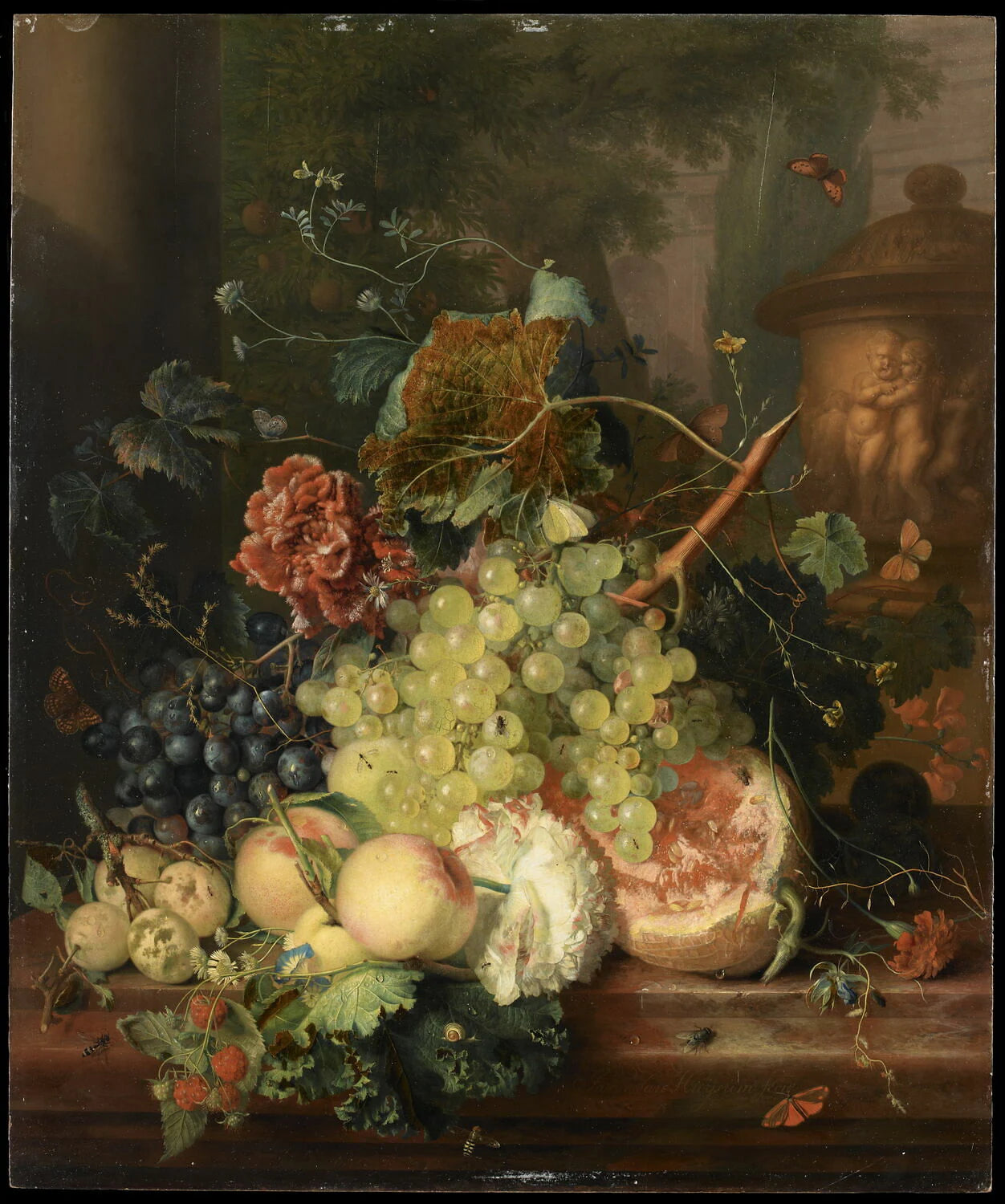 Fruits et fleurs près d'un vase orné d'amours - Jan van Huysum