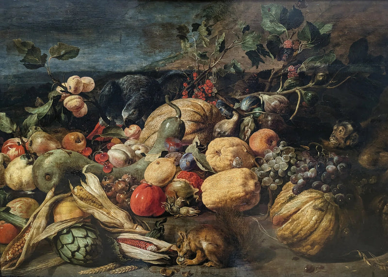 Fruits et légumes avec un singe, un perroquet et un écureuil - Frans Snyders