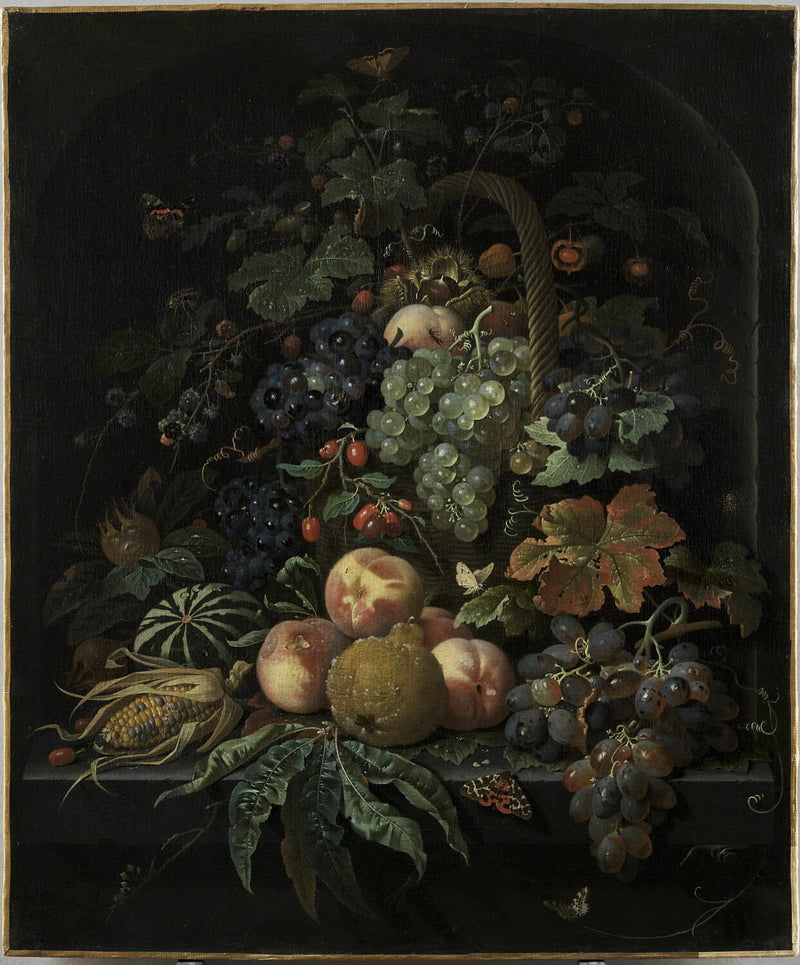Fruits, panier, insectes et papillons sur fond de niche en pierre - Abraham Mignon