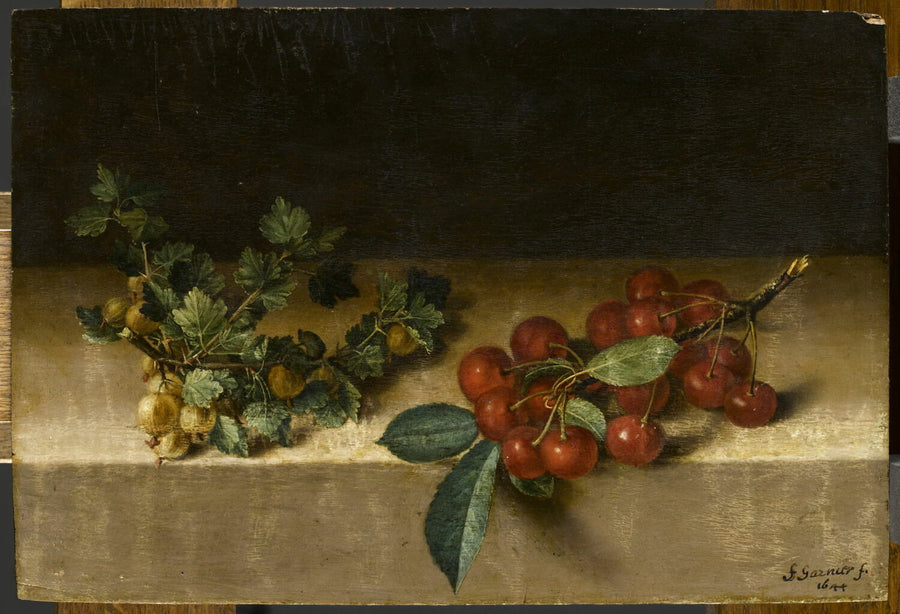 Fruits sur une table : groseilles à maquereau et cerises - François Garnier