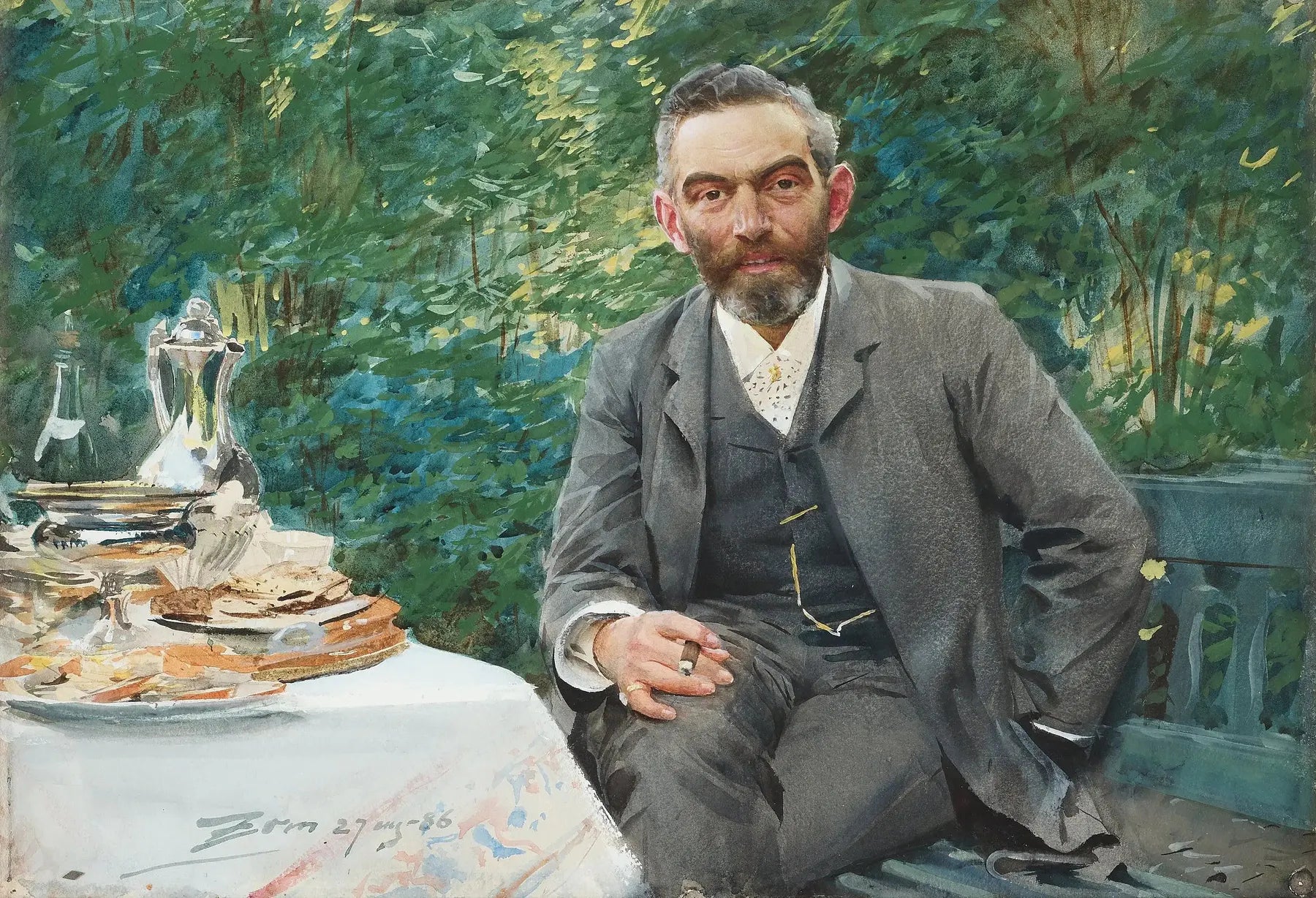 ”Frukost i det gröna” (Grosshandlare Adolf Magnus). - Anders Zorn image 1 copie peinte à la main à l’huile