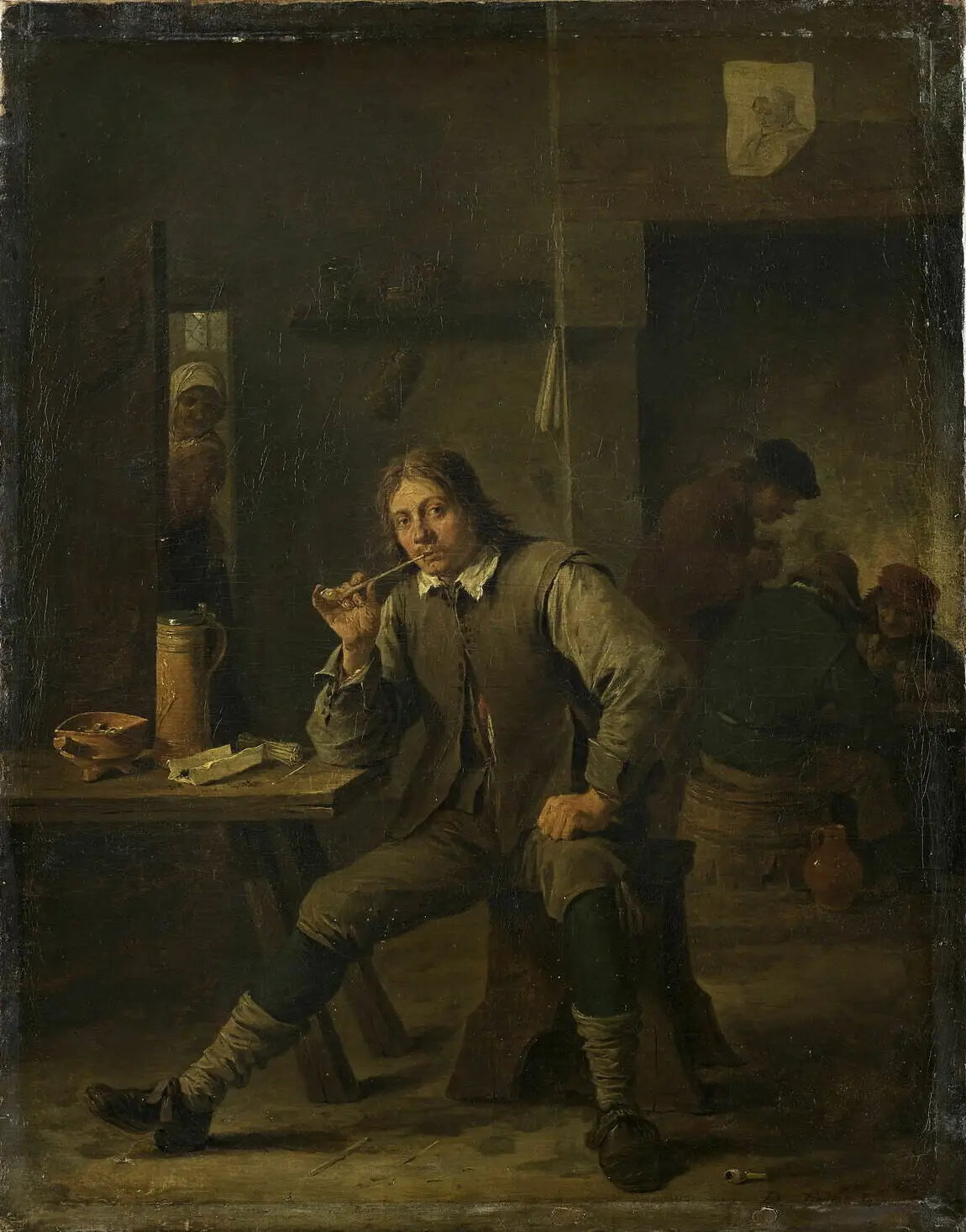 Fumeur accoudé à une table - David Teniers le Jeune image 1 copie de tableau peinte à la main