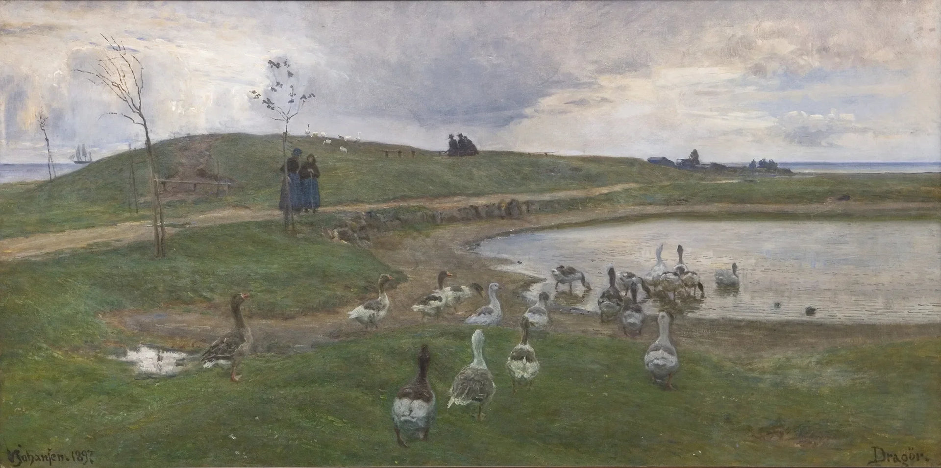 Gæs ved en sø. Mod uroligt vejr. Dragør - Viggo Johansen image 1 reproduction de peinture à l’huile