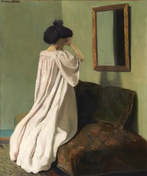 Gabrielle Vallotton agenouillée devant une glace sur le divan de l'atelier de la rue des Belles-Feuilles - Félix Vallotton image 1 reproduction réalisée par Alpha Reproduction
