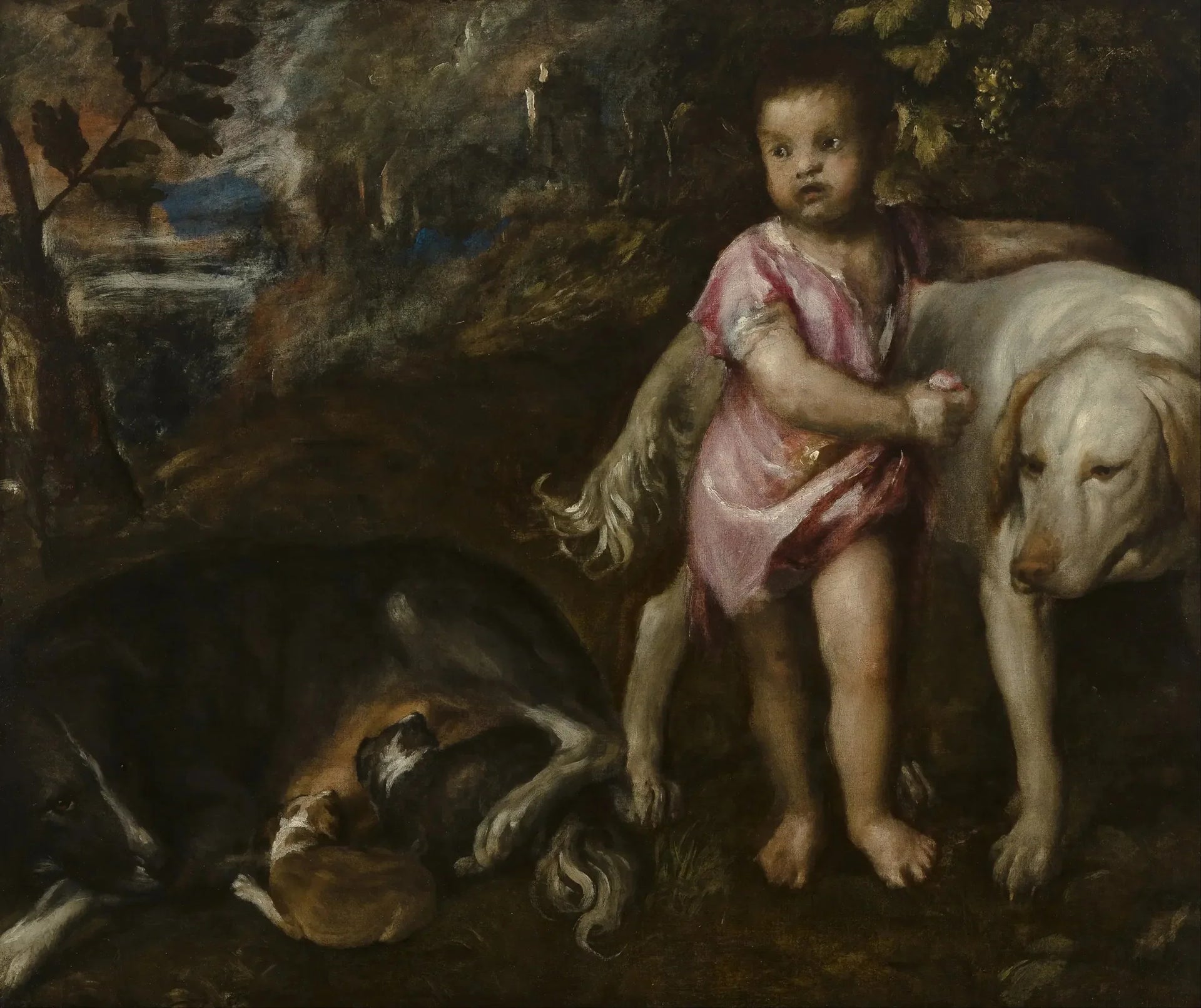 Garçon avec des chiens dans un paysage - Titian image 1 copie peinte à la main à l’huile
