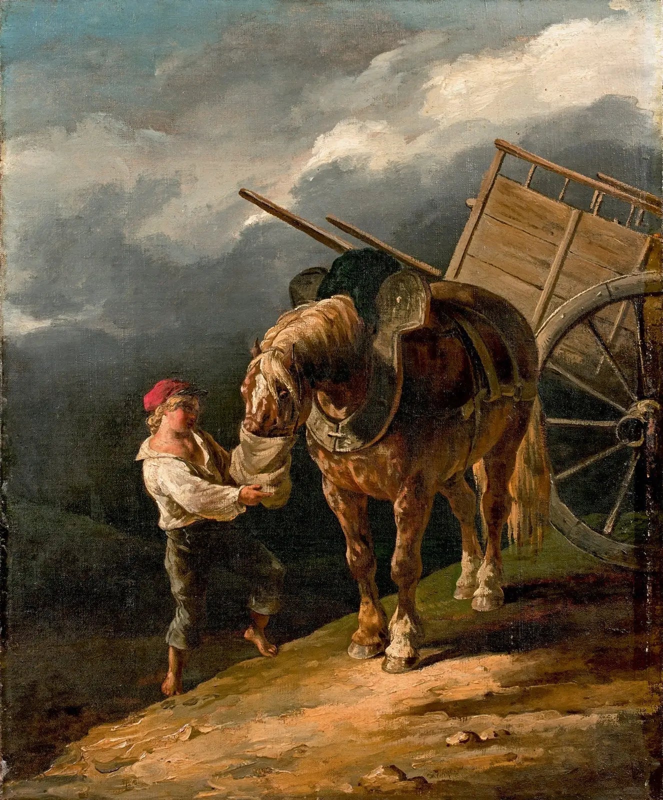 Garçon donnant l'avoine à un cheval dételé - Théodore Géricault image 1 reproduction de peinture à l’huile