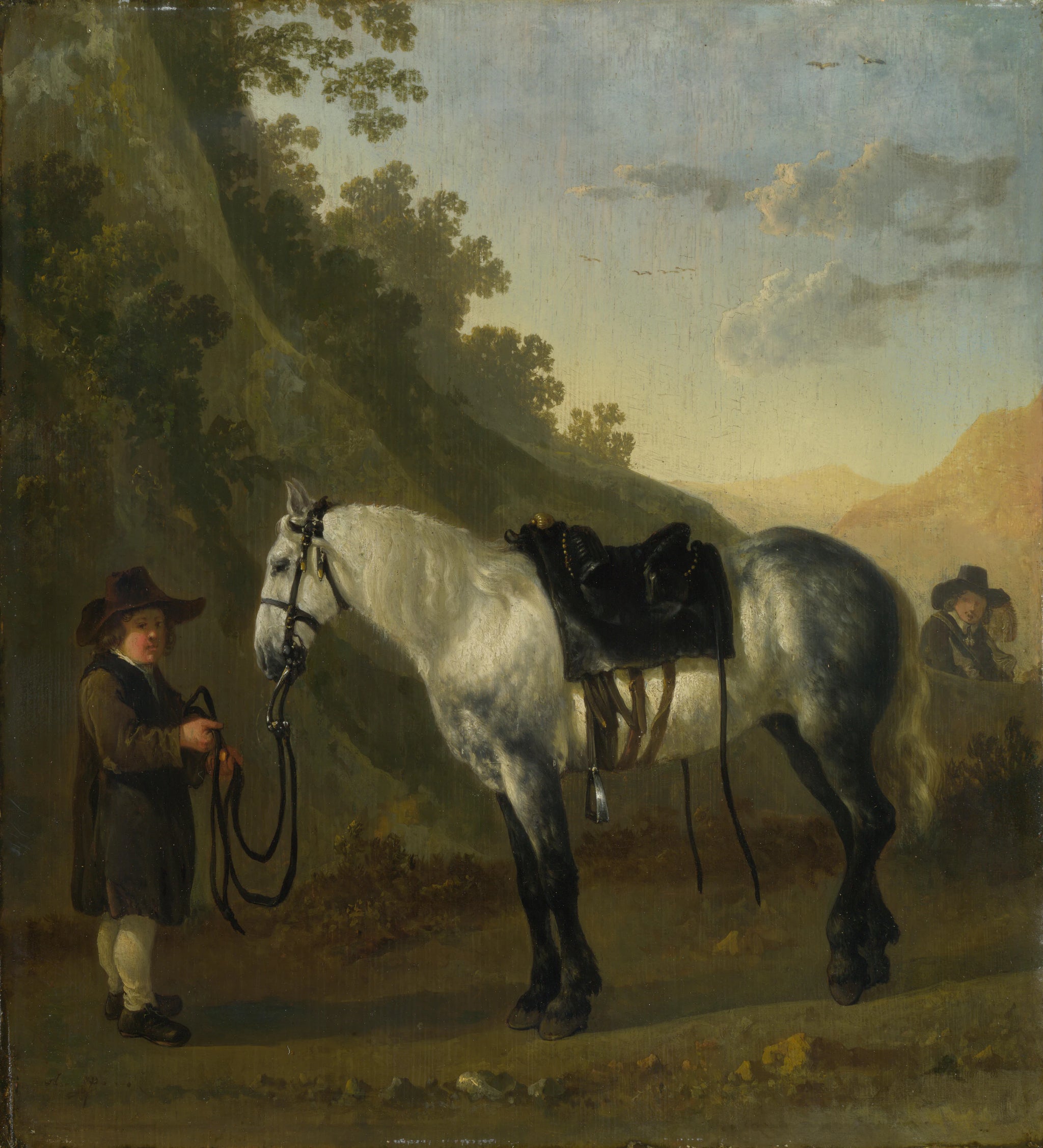 Un garçon tenant un cheval gris - Abraham van Calraet