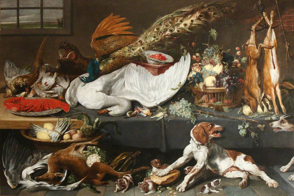 Garde-manger rempli de gibier mort, de cygne et de homard, de fruits, de légumes et d'une chienne pointer défendant ses chiots. - Frans Snyders image 1 reproduction de peinture à l’huile