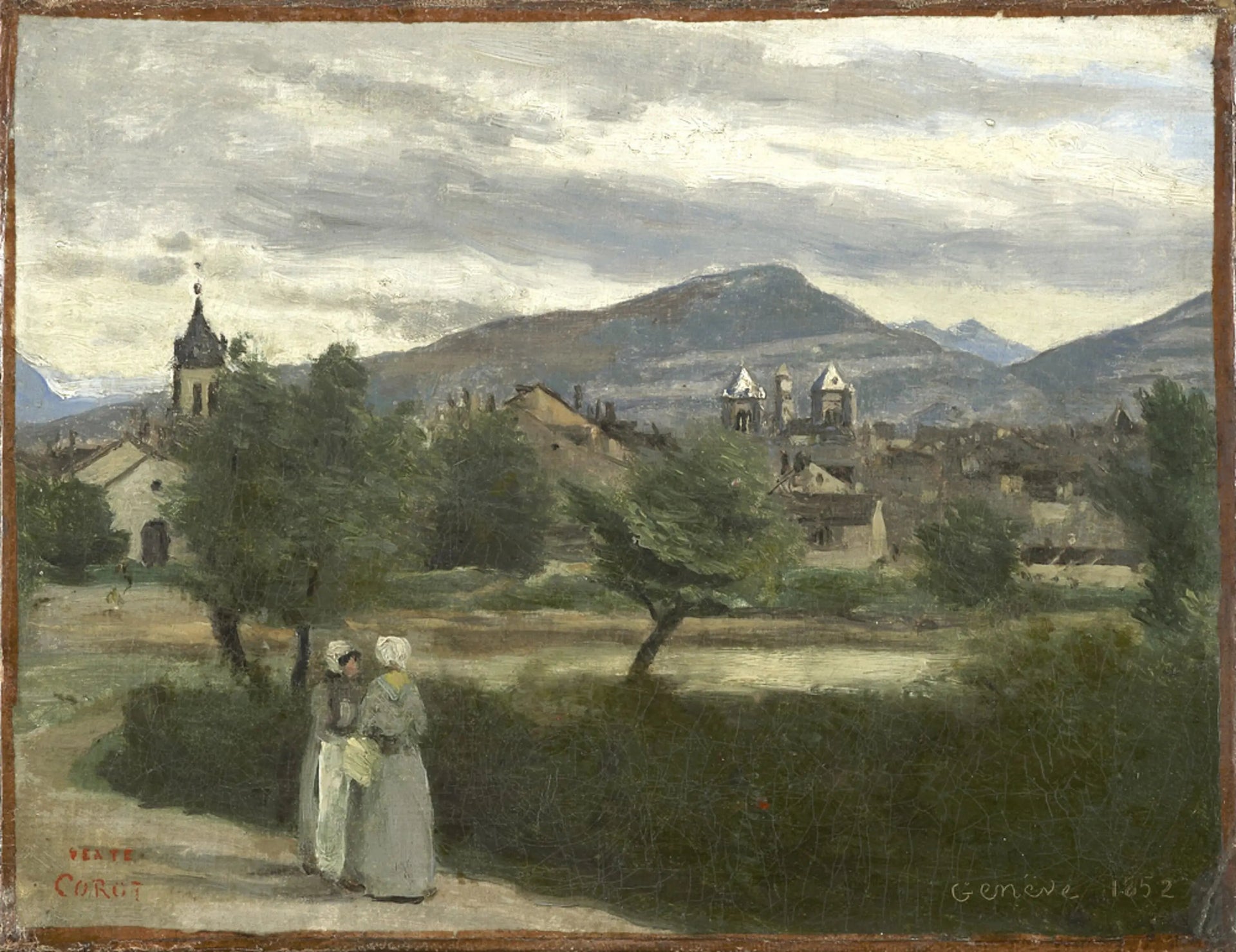 Genève. Vue prise de la campagne, avec le Petit Salève à l'horizon - Jean-Baptiste Camille Corot image 1 copie peinte à la main à l’huile