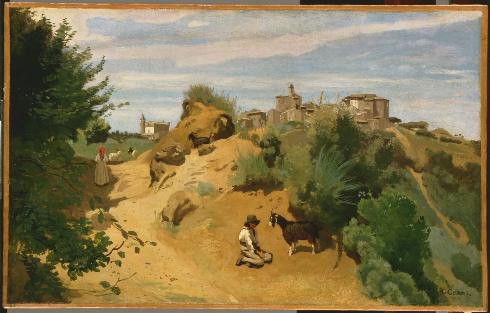Genzano, chevrier en vue d'un village - Jean-Baptiste Camille Corot image 1 copie peinte à la main à l’huile