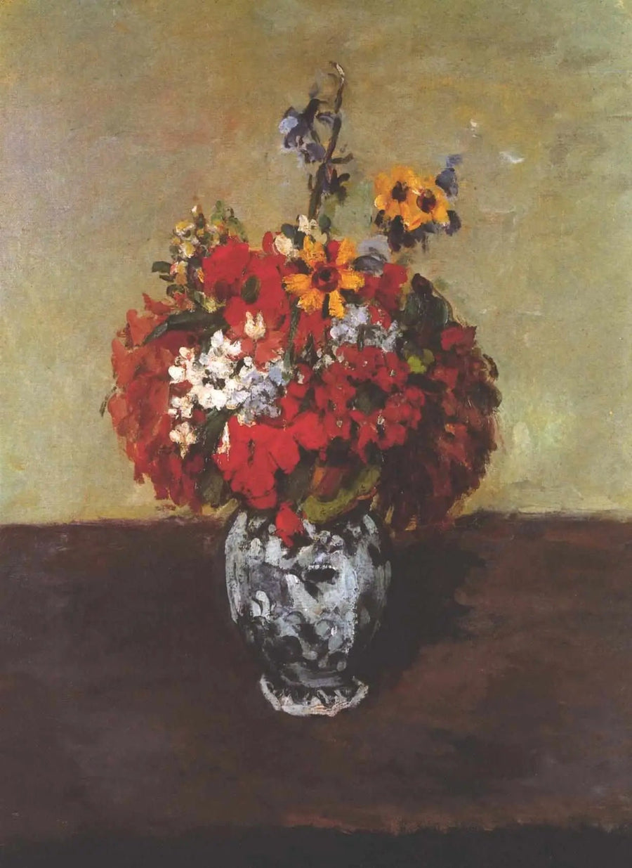 Géraniums et pieds-d'alouette dans un petit vase de Delft - Paul Cézanne