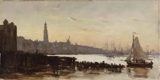Gezicht op Amsterdam, vanaf de IJhaven met zicht op de Zuiderkerkstoren - Jean-Baptiste Camille Corot image 1 reproduction de peinture à l’huile